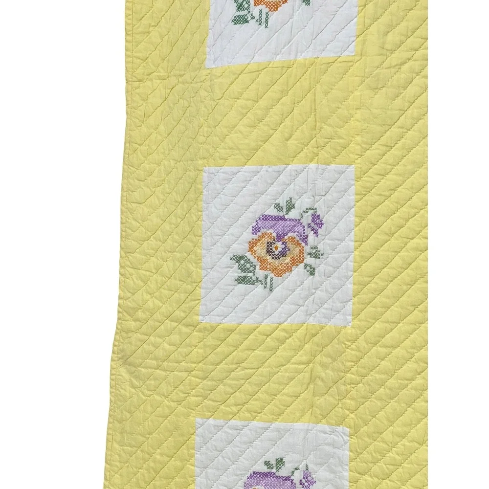 Vintage Handmade Pansy Quilt Hand Embroidered Twin Full Yellow 64x82